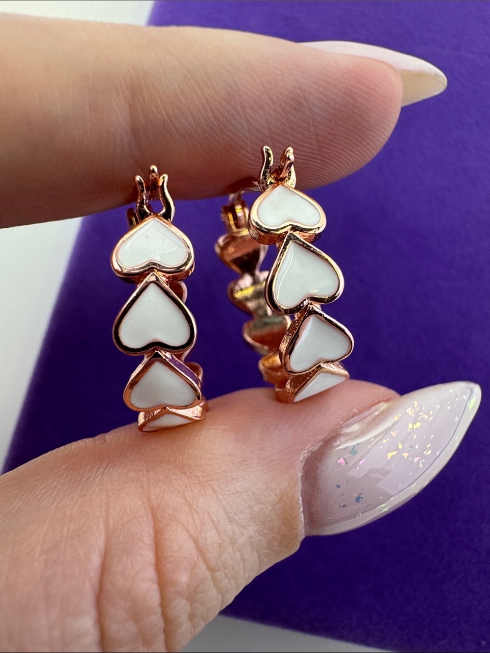 💛 Classic Rose Gold Heart Hoop Earrings with White Enamel | Romantic